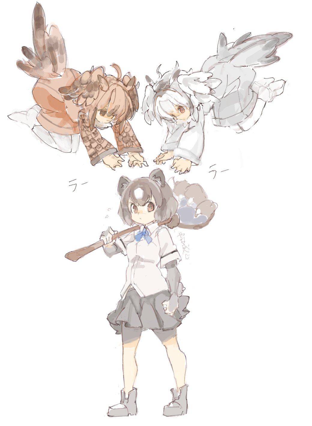 animal_ears bear_ears bear_paw bear_tail bike_shorts bird_tail bird_wings boots brown_bear_(kemono_friends) brown_hair clenched_hand coat collared_shirt commentary_request elbow_gloves eurasian_eagle_owl_(kemono_friends) flying flying_sweatdrops fur_collar gloves head_wings highres kemono_friends konabetate long_sleeves multicolored_hair multiple_girls neck_ribbon northern_white-faced_owl_(kemono_friends) outstretched_hand owl_ears pantyhose pleated_skirt pout ribbon shirt short_hair short_sleeves shorts shorts_under_skirt skirt t-shirt tail translation_request weapon white_hair wings