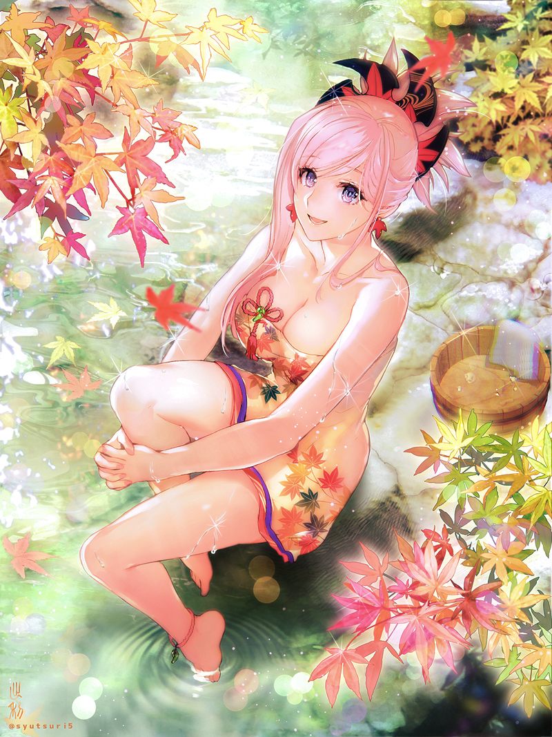 :d anklet bare_arms bare_shoulders barefoot breasts cleavage commentary_request day earrings fate/grand_order fate_(series) glint jewelry large_breasts leaf leaf_print looking_at_viewer maple_leaf md5_mismatch miyamoto_musashi_(fate/grand_order) open_mouth outdoors pink_hair purple_eyes ripples shutsuri smile soaking_feet solo towel water_drop wet