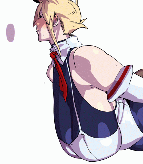 1boy 1girl animated animated_gif arm_grab bare_shoulders bent_over blonde_hair blush bouncing_breasts breasts clothed_sex doggystyle gen'en_(sioherashi) huge_breasts leotard original out_of_frame sex short_hair