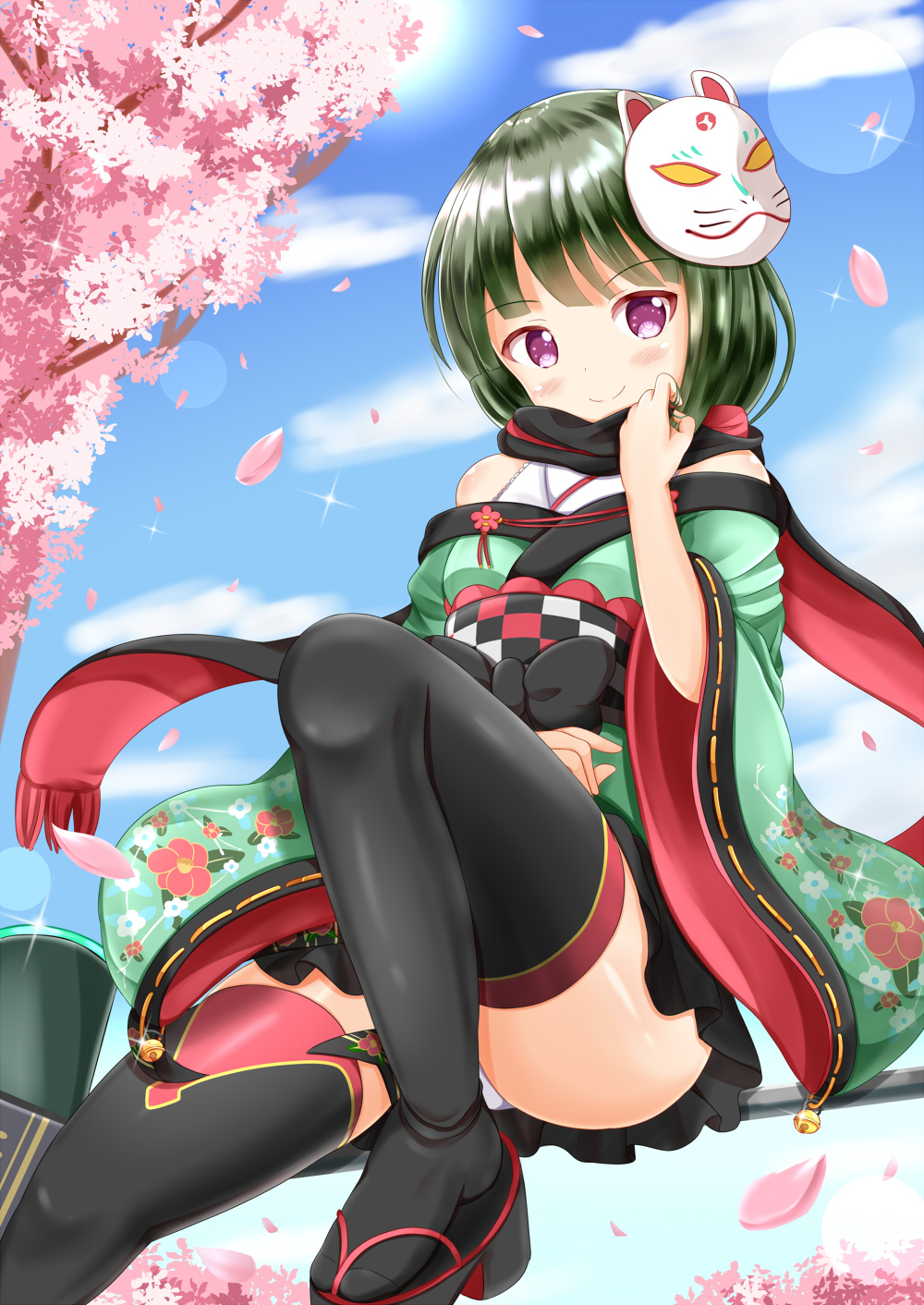 1girl bell black_bow black_footwear black_legwear black_scarf blue_sky blush bow closed_mouth cloud commentary_request copyright_request day flower fox_mask fringe_trim green_hair green_kimono head_tilt highres japanese_clothes jingle_bell kimono knee_up long_sleeves mask mask_on_head multicolored multicolored_clothes multicolored_scarf obi off_shoulder outdoors panties petals pink_flower platform_footwear platform_heels purple_eyes red_scarf ribbon-trimmed_sleeves ribbon_trim sash scarf sitting sky smile solo thighhighs underwear white_panties wide_sleeves zenon_(for_achieve) zouri
