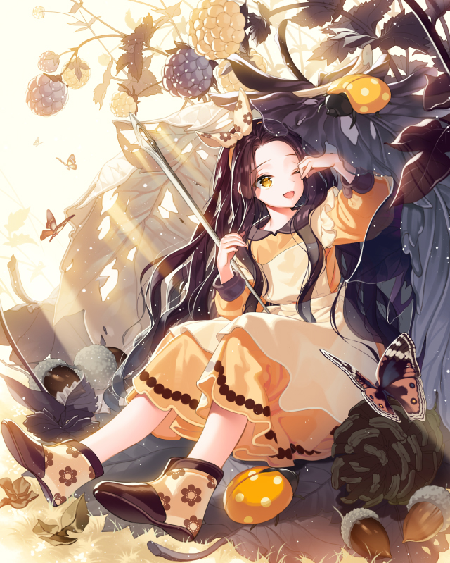 ;d acorn berries black_hair bow brown_eyes bug butterfly cherrypin dress hair_bow hat insect ladybug leaf long_hair minigirl needle one_eye_closed open_mouth orange_dress outdoors pinecone plant sitting smile sunlight tenkuu_no_crystalia