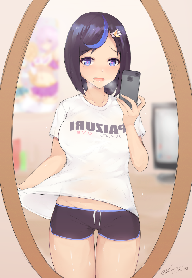:d ass_visible_through_thighs black_hair blue_eyes blurry blurry_background boyshorts breasts breath cellphone clothes_writing cowboy_shot dated depth_of_field female_pov hair_ornament hairclip heart heart-shaped_pupils holding holding_cellphone holding_phone indoors kuavera large_breasts legs_together mirror mole mole_under_mouth monitor multicolored_hair open_mouth original phone poster_(object) pov self_shot shirt short_hair short_sleeves shorts signature smartphone smile solo standing streaked_hair symbol-shaped_pupils t-shirt thigh_gap translated twitter_username white_shirt