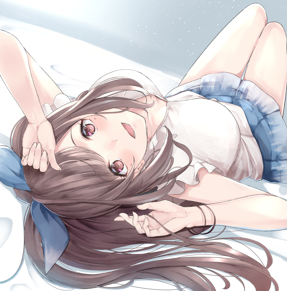 :d bangs blue_skirt bracelet breasts breasts_apart brown_hair commentary hair_spread_out hands_up idolmaster idolmaster_shiny_colors irohakaede jewelry large_breasts legs_up light_particles long_hair looking_at_viewer lying on_back on_bed open_mouth pink_eyes pleated_skirt ponytail shirt skirt smile solo tsukioka_kogane upside-down white_shirt