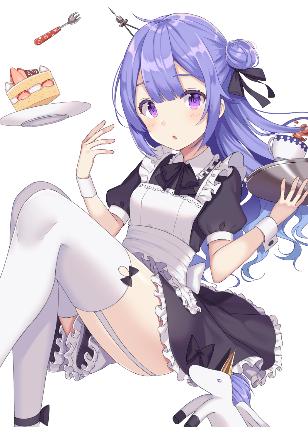 :o alternate_costume apron azur_lane bad_id bad_pixiv_id bangs black_bow black_dress black_ribbon blush bow breasts cake commentary_request cup dress enmaided fingernails food fork frilled_apron frilled_dress frills garter_straps hair_between_eyes hair_bun hair_ornament hair_ribbon hands_up highres holding holding_tray izumo_neru long_hair looking_at_viewer maid maid_apron parted_lips plate puffy_short_sleeves puffy_sleeves purple_eyes purple_hair ribbon short_sleeves side_bun simple_background sitting slice_of_cake small_breasts solo stuffed_alicorn stuffed_animal stuffed_toy tea teacup thighhighs tray unicorn_(azur_lane) very_long_hair white_apron white_background white_legwear wrist_cuffs
