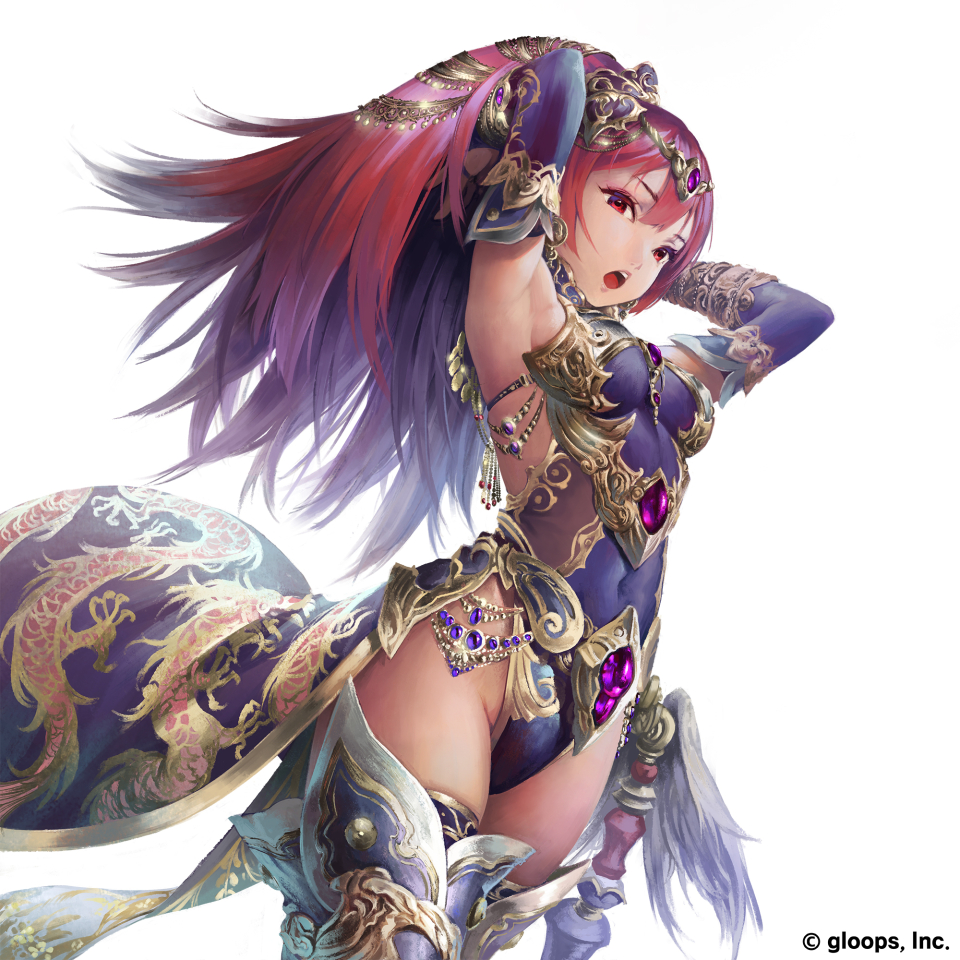 armpits arms_up boots circlet commentary_request daisenran!!_sangokushi_battle detached_sleeves dutch_angle gold_trim hair_ornament leotard long_hair looking_at_viewer moyamoya official_art open_mouth ponytail red_eyes red_hair solo thigh_boots thighhighs thighs white_background