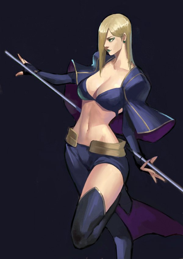 asymmetrical_clothes blonde_hair blue_eyes blue_lipstick boots breasts capelet cleavage collarbone commentary earrings english_commentary eyeshadow falke_(street_fighter) fingerless_gloves fusion gloves guilty_gear guilty_gear_xrd hair_over_one_eye hair_pulled_back jewelry lipstick long_hair makeup medium_breasts navel nose phamoz single_pantsleg solo staff stomach street_fighter street_fighter_v thigh_boots thighhighs venom_(guilty_gear)