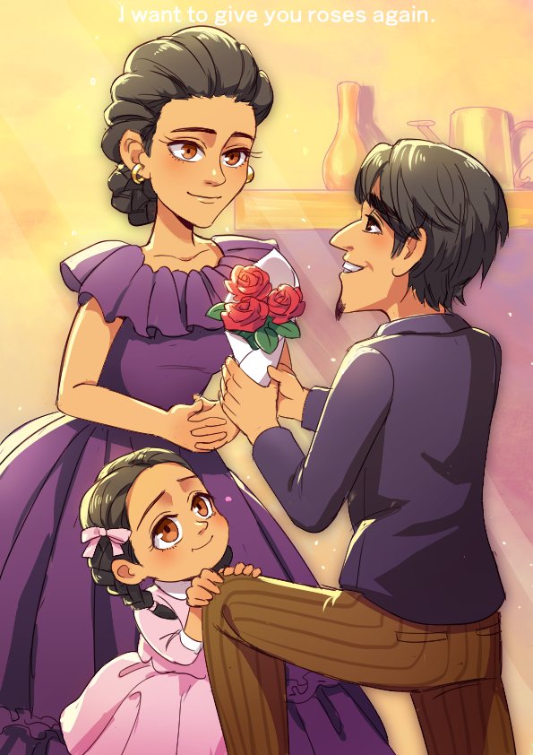 2girls black_hair blush bouquet braid brown_eyes coco_(disney) dark_skin disney dress earrings english facial_hair family father_and_daughter flower goatee hector_rivera hector_rivera_(alive) imelda_rivera imelda_rivera_(alive) jewelry long_hair mama_coco mexican_dress mother_and_daughter multiple_girls necktie short_hair smile spoilers twin_braids younger
