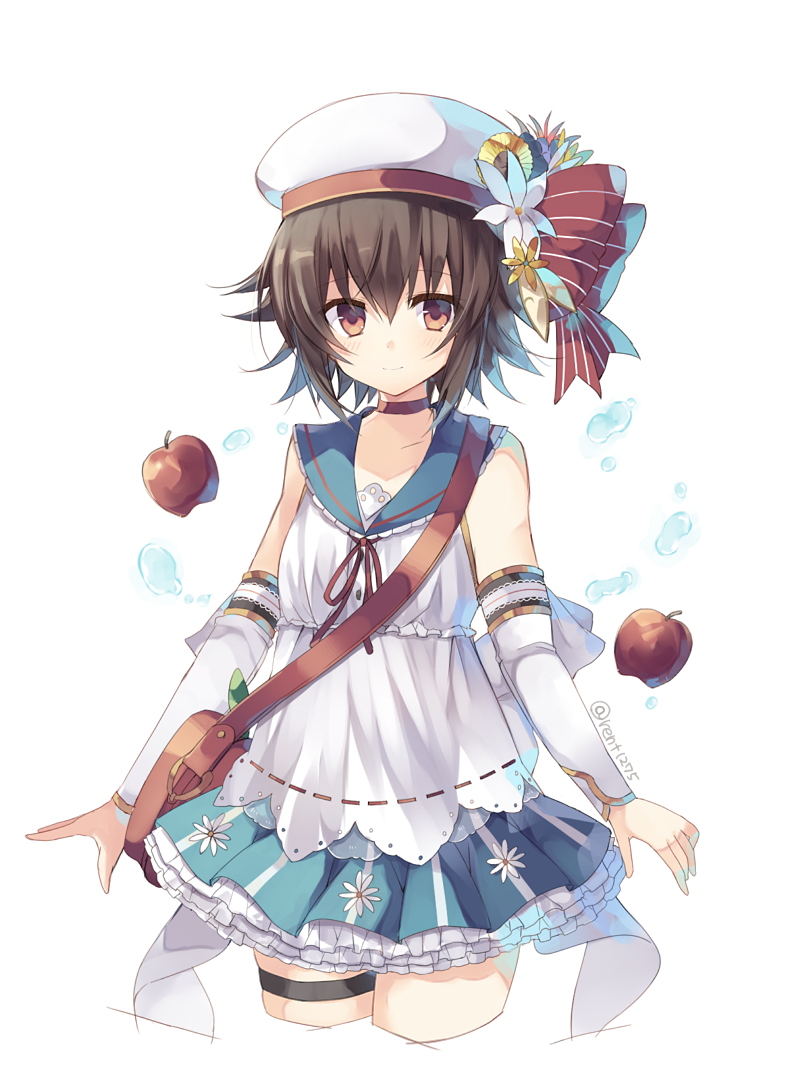 apple bag blue_skirt bow brown_eyes brown_hair detached_sleeves dress food fruit grimms_notes hat hat_bow looking_at_viewer red_bow rento_(rukeai) ribbon sailor_collar short_hair skirt smile solo thighhighs water white_dress white_ribbon