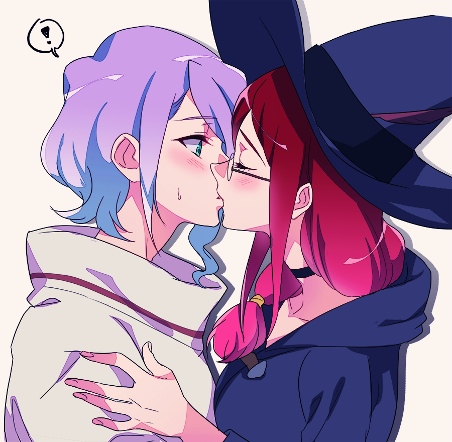 2girls blush choker cloak closed_eyes commentary_request croix_meridies eyebrows_visible_through_hair from_side glasses green_eyes half-closed_eyes hand_on_another's_shoulder hat hood hooded_cloak kiss little_witch_academia long_hair multiple_girls negom profile purple_hair red_hair short_hair side_ponytail simple_background spoilers surprise_kiss surprised sweatdrop thought_bubble upper_body ursula_charistes white_background witch witch_hat yuri