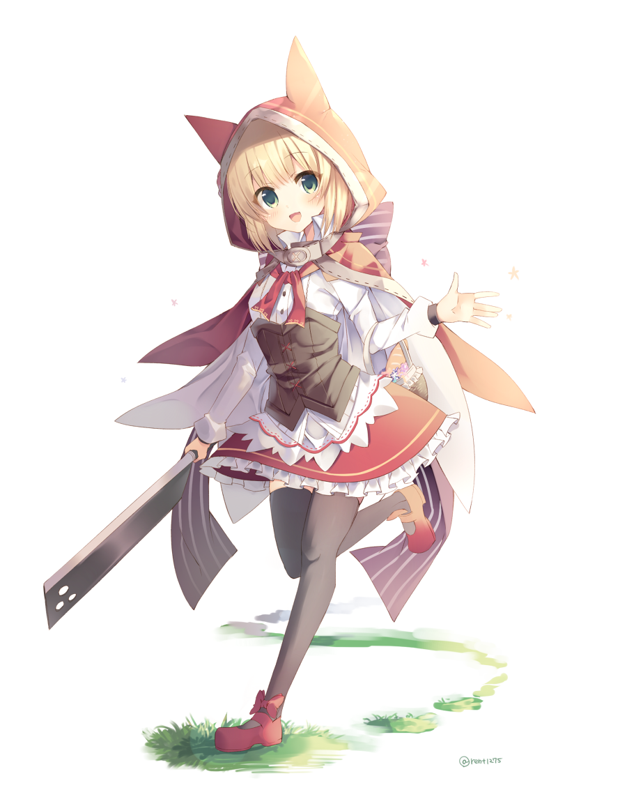 animal_ears black_legwear blonde_hair bow cat_ears cleaver dress green_eyes grimm's_fairy_tales grimms_notes holding holding_weapon hood little_red_riding_hood little_red_riding_hood_(grimm) little_red_riding_hood_(grimms_notes) long_sleeves looking_at_viewer open_mouth red_bow red_dress red_hood rento_(rukeai) running shirt short_hair smile solo star thighhighs weapon white_shirt