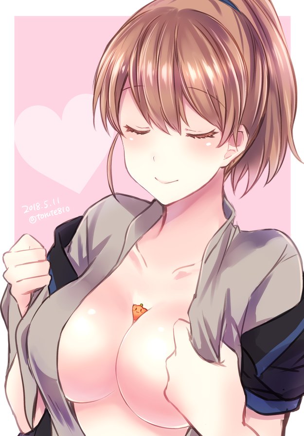 between_breasts black_jacket blue_scrunchie blush border breasts brown_hair cleavage closed_eyes closed_mouth collarbone eyebrows_visible_through_hair grey_shirt heart intrepid_(kantai_collection) jacket kabocha_torute kantai_collection large_breasts medium_hair off_shoulder open_clothes open_jacket open_shirt outside_border pink_background ponytail purple_background scrunchie shirt short_sleeves simple_background size_difference smile solo_focus white_border