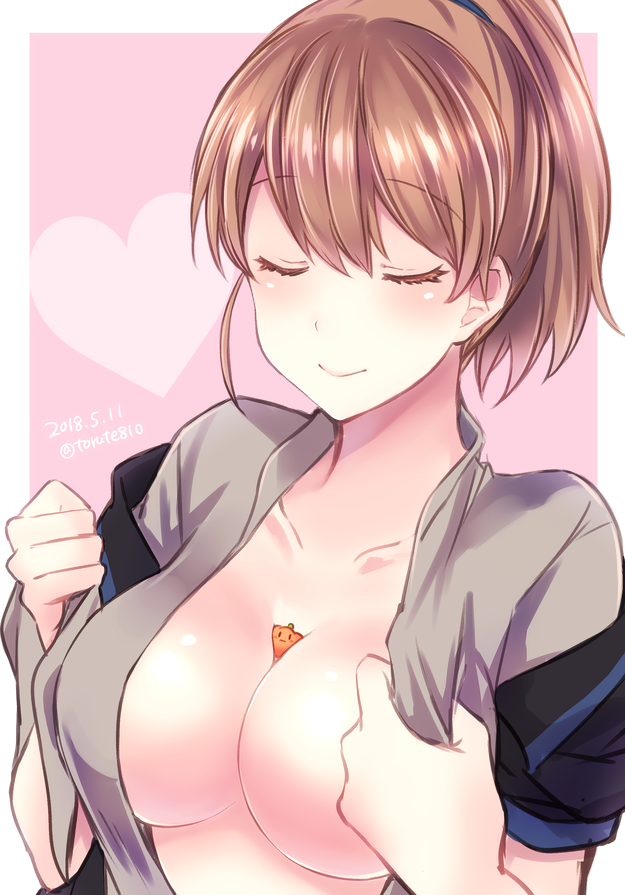 between_breasts black_jacket blue_scrunchie blush border breasts brown_hair cleavage closed_eyes closed_mouth collarbone commentary_request eyebrows_visible_through_hair grey_shirt heart intrepid_(kantai_collection) jacket kabocha_torute kantai_collection large_breasts medium_hair off_shoulder open_clothes open_jacket open_shirt outside_border pink_background ponytail purple_background scrunchie shirt short_sleeves simple_background size_difference smile solo_focus white_border