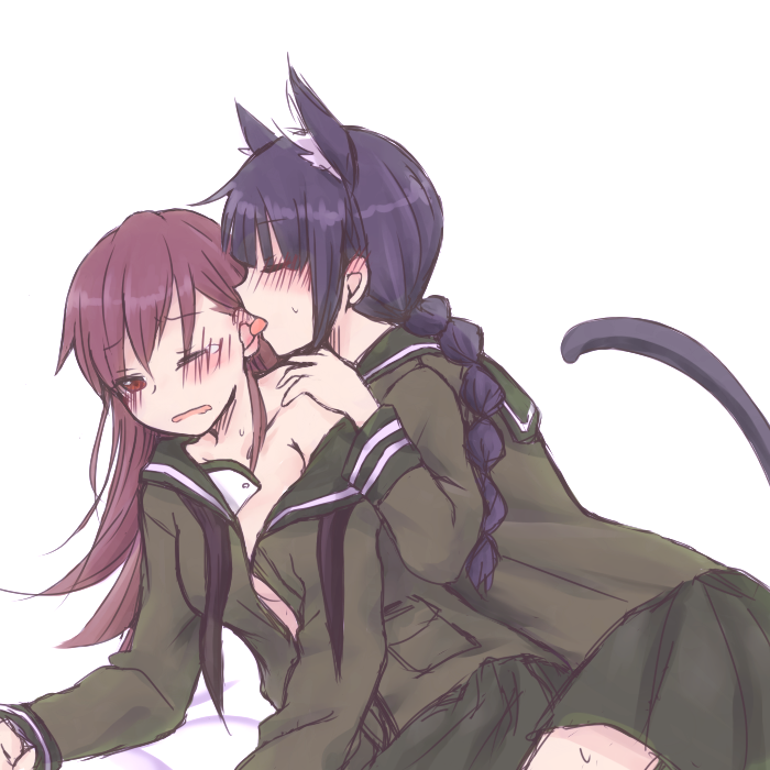 2girls animal_ears blush braid breasts cat_ears collarbone ear_licking eyes_closed female hand_on_another's_shoulder hitsuji_nata kantai_collection kitakami_(kantai_collection) licking multiple_girls no_bra off_shoulder one_eye_closed ooi_(kantai_collection) open_shirt pleated_skirt sailor_collar school_uniform serafuku simple_background skirt tail tongue tongue_out white_background yuri