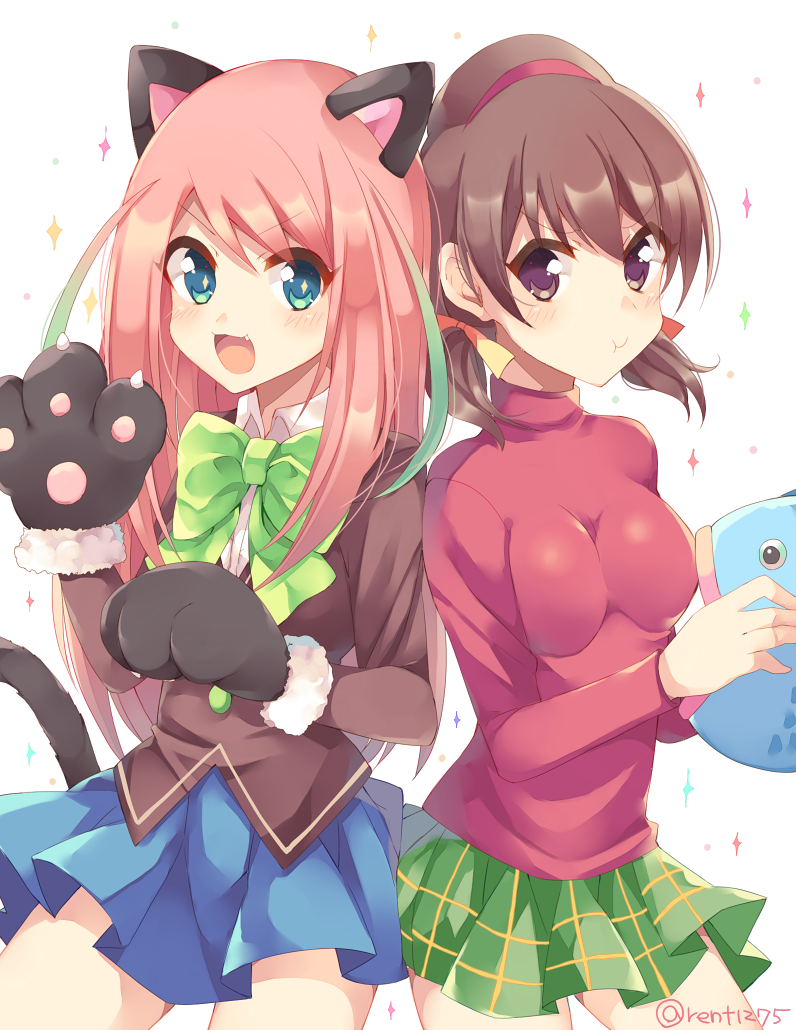 &gt;:) 2girls :3 ahoge animal animal_ears aqua_eyes blue_skirt bow brown_eyes brown_hair cat_ears cat_paws cat_tail fang fish green_bow green_hair green_skirt hairband hashimoto_nyaa holding holding_animal holding_fish long_hair long_sleeves looking_at_viewer low_twintails multicolored_hair multiple_girls open_mouth orange_ribbon osomatsu-san paw_pose paws pink_hair plaid plaid_skirt pleated_skirt pout red_hairband red_shirt rento_(rukeai) ribbon shirt short_hair skirt smile sparkle sparkle_background tail twintails v-shaped_eyebrows yowai_totoko