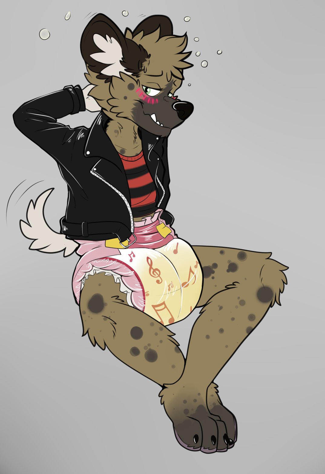 aggressive_retsuko anthro blush claws clothing diaper haida hyena jacket looking_at_viewer male mammal musical_note sanrio sitting solo toybadgers urine wet_diaper