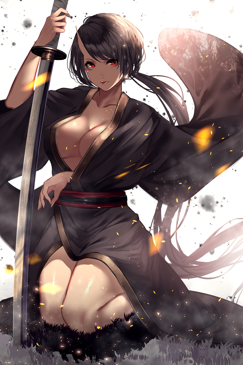 absurdly_long_hair arm_up backlighting bangs bare_legs black_hair black_kimono breasts cleavage closed_mouth collarbone commentary_request covered_nipples eyelashes fingernails grass hand_up highres holding holding_sword holding_weapon horn japanese_clothes katana kimono kisui_(user_wswf3235) large_breasts light_particles lips long_fingernails long_hair long_ponytail long_sleeves looking_at_viewer obi on_grass oni oni_horns original outdoors planted_sword planted_weapon red_eyes sash seiza sharp_fingernails simple_background sitting solo swept_bangs sword underboob very_long_hair weapon white_background wide_sleeves wind wind_lift