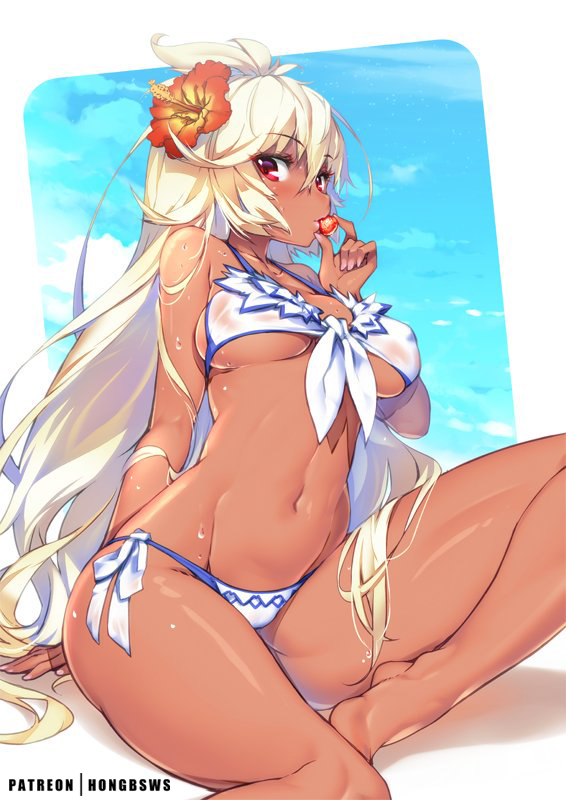 ahoge arm_at_side arm_support bare_legs barefoot bikini breasts dark_skin eyebrows_visible_through_hair flower food front-tie_bikini front-tie_top fruit granblue_fantasy hair_between_eyes hair_flower hair_ornament hand_up hibiscus hong_(white_spider) large_breasts lips long_hair looking_at_viewer mouth_hold nail_polish navel outside_border patreon_username red_eyes side-tie_bikini sitting solo strawberry swimsuit thick_thighs thighs underboob very_long_hair wet wet_clothes wet_swimsuit white_bikini white_hair wide_hips yokozuwari zooey_(granblue_fantasy)