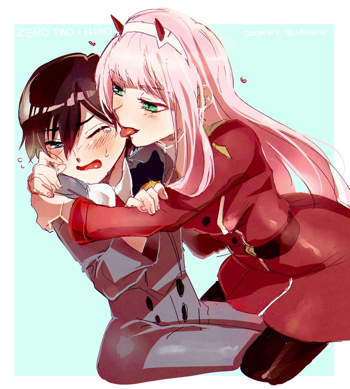 1boy 1girl black_hair blue_eyes blush breasts couple darling_in_the_franxx eyebrows_visible_through_hair fangs female fringe green_eyes hair_ornament hairband hand_on_another's_arm hetero high_resolution hiro_(darling_in_the_franxx) horns hug large_breasts lips long_hair looking_at_another male military military_uniform necktie o831o141 one_eye_closed oni_horns pink_hair red_horns red_neckwear short_hair sitting swimsuit uniform white_hair_ornament white_hairband zero_two_(darling_in_the_franxx)