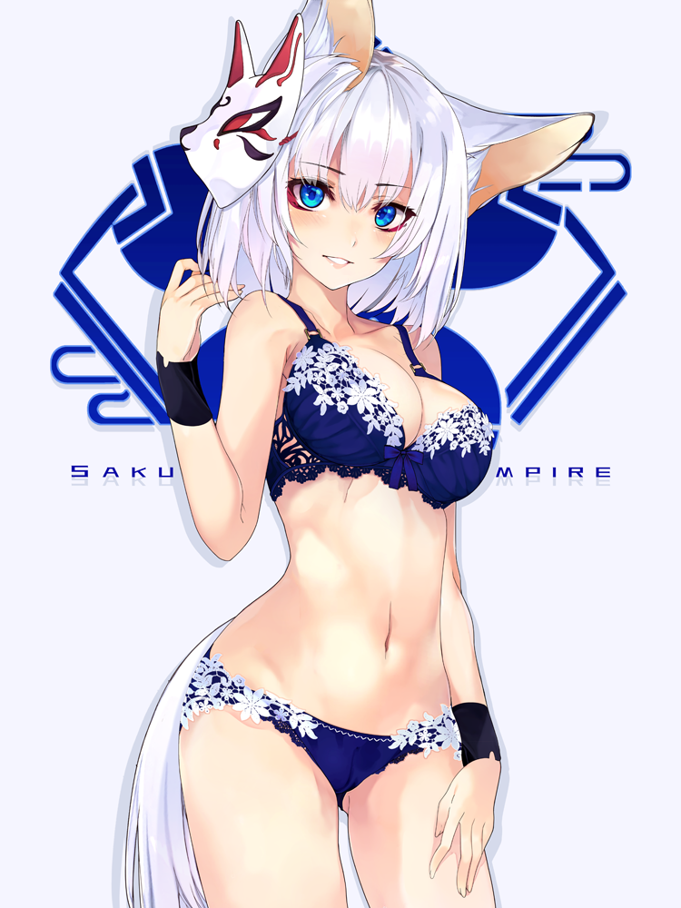 animal_ears arm_up ass_visible_through_thighs azur_lane blue_bra blue_eyes blue_panties blush bra breasts cleavage commentary_request eyeliner eyeshadow fox_ears fox_mask fox_tail hand_on_thigh kaga_(azur_lane) large_breasts lingerie looking_at_viewer makeup mask mask_on_head navel panties parted_lips shirokitsune solo standing tail underwear underwear_only white_hair wristband