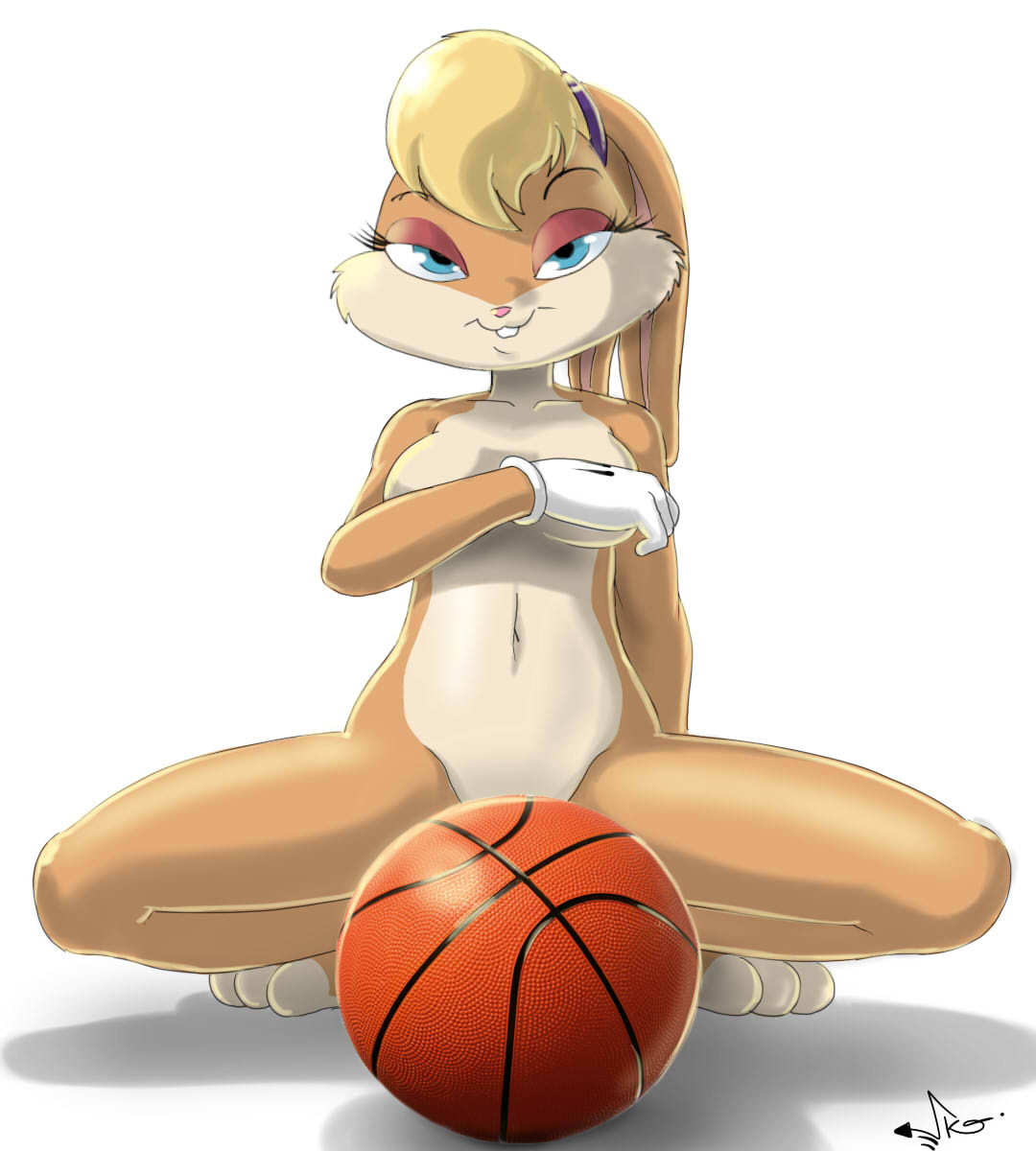 ball basketball blonde_hair blue_eyes bottomless breasts clothed clothing convenient_censorship covering covering_breasts female hair lagomorph lola_bunny looking_at_viewer looney_tunes mammal nude rabbit shinsuke smile solo spread_legs spreading topless warner_brothers