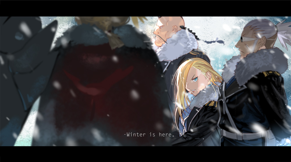 3boys alphonse_elric amestris_military_uniform back_turned beard blonde_hair blue_eyes braid buccaneer_(fma) commentary dark_skin edward_elric facial_hair frown fullmetal_alchemist hair_over_one_eye holy_pumpkin long_hair looking_at_viewer looking_away miles_(fma) military military_uniform multiple_boys olivier_mira_armstrong out_of_frame serious snow uniform white_hair winter_clothes