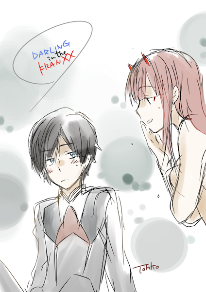 1boy 1girl black_hair blue_eyes blush breasts couple covering_breasts darling_in_the_franxx eyebrows_visible_through_hair fringe hair_ornament hairband hand_to_own_mouth hetero hiro_(darling_in_the_franxx) horns large_breasts long_hair military military_uniform necktie nude oni_horns pink_hair red_horns red_neckwear short_hair signature tokonya0809 uniform white_hairband zero_two_(darling_in_the_franxx)