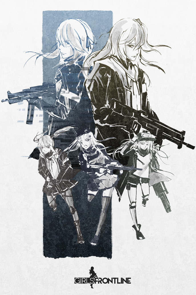 5girls armband assault_rifle back-to-back bangs beret blunt_bangs boots breasts bullpup closed_mouth coat commentary_request expressionless facepaint fingerless_gloves floating_hair g11 g11_(girls_frontline) girls_frontline gloves gun h&amp;k_ump h&amp;k_ump45 h&amp;k_ump9 hair_between_eyes hair_ornament hair_ribbon hairclip hand_on_headwear hat heckler_&amp;_koch hk416 hk416_(girls_frontline) holding holding_gun holding_weapon jacket knee_boots knee_pads long_hair looking_at_viewer magazine_(weapon) medium_breasts mid-stride multiple_girls one_side_up open_clothes open_coat open_mouth pantyhose pleated_skirt ribbon rifle running scar scar_across_eye scarf scarf_on_head scope shirt shorts shoulder_cutout skirt star star-shaped_pupils submachine_gun symbol-shaped_pupils teardrop thigh_strap thighhighs twintails ump40_(girls_frontline) ump45_(girls_frontline) ump9_(girls_frontline) vcntkm very_long_hair walkie-talkie weapon
