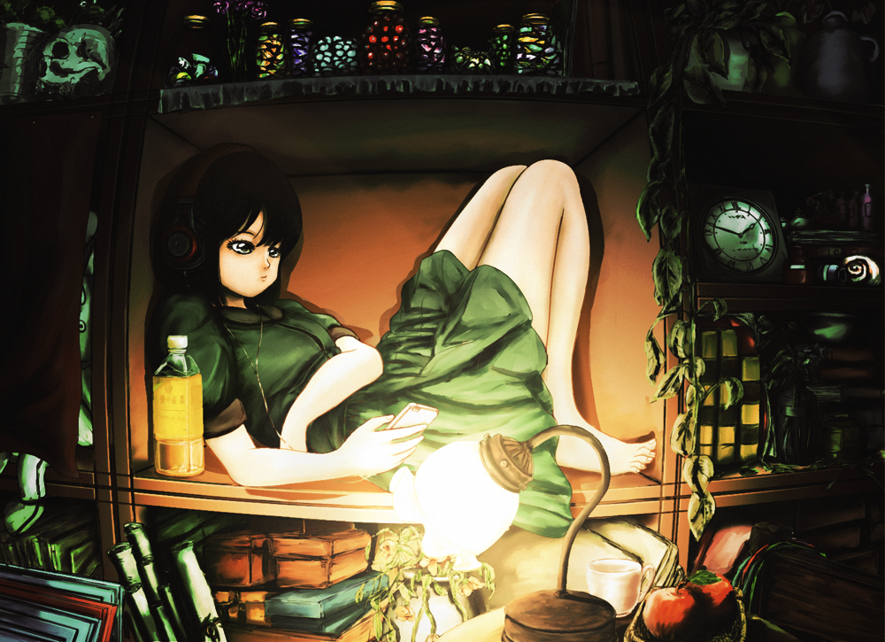 apple barefoot black_hair book bottle box cellphone closed_mouth commentary_request dress flat_(oab71kq) food from_side fruit green_dress green_eyes headphones holding holding_cellphone holding_phone lamp night original phone reclining scroll skull smartphone solo vial