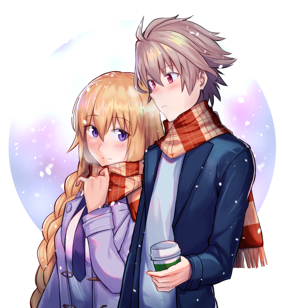 1girl blonde_hair blush braid brown_hair coat coffee_cup couple cup disposable_cup duffel_coat fate/apocrypha fate_(series) jeanne_d'arc_(fate) jeanne_d'arc_(fate)_(all) light_smile long_braid long_hair nyorotono plaid plaid_scarf purple_eyes red_eyes scarf sieg_(fate/apocrypha) single_braid very_long_hair winter_clothes winter_coat