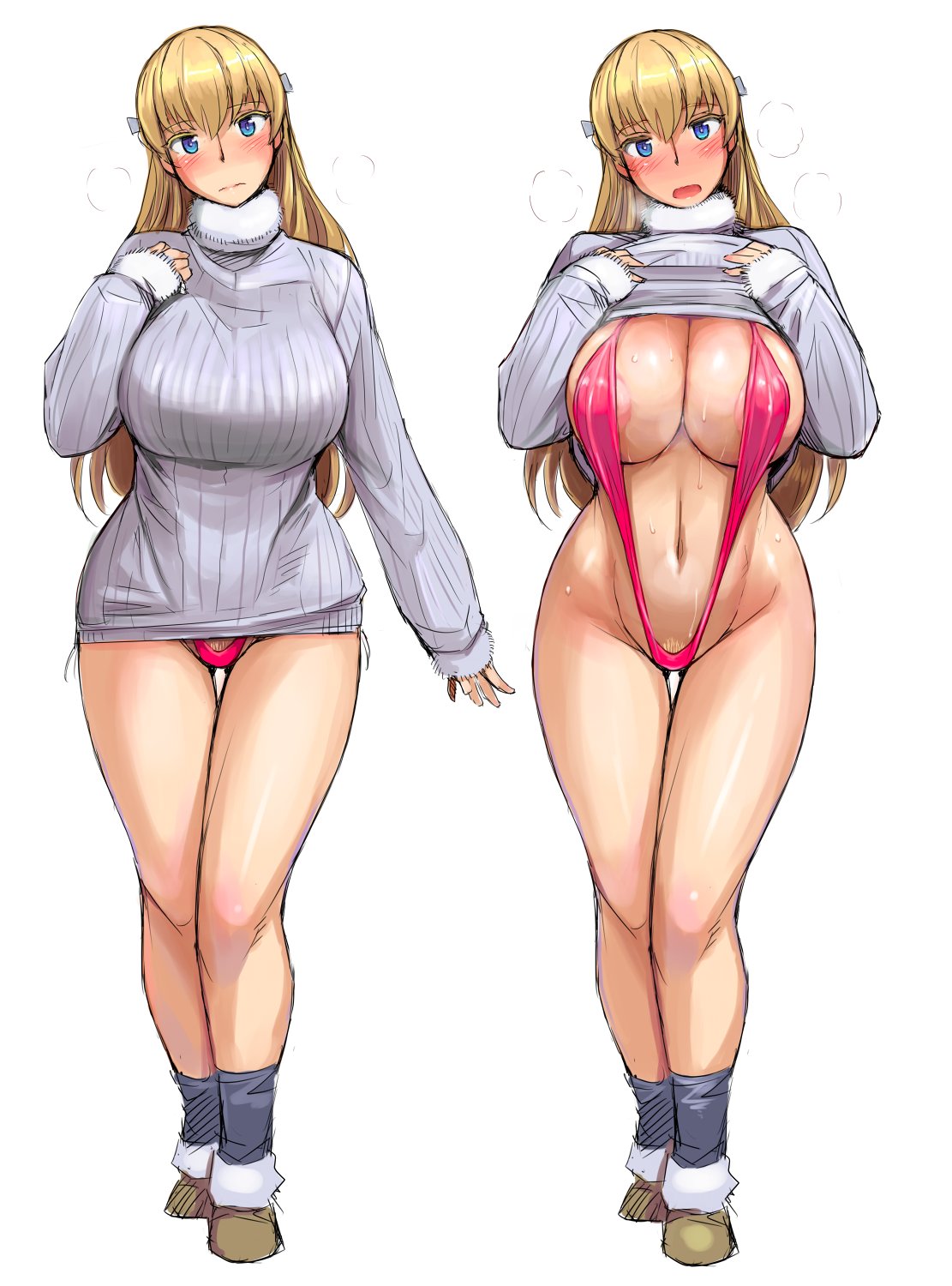 areola_slip areolae black_legwear blonde_hair blonde_pubic_hair blue_eyes blush bow breasts cleavage clothes_lift commentary_request embarrassed full-face_blush full_body hair_bow highres huge_breasts large_areolae long_hair looking_at_viewer mariana_princilla multiple_views navel no_pants open_mouth pubic_hair pubic_hair_peek reco_love reco_love_gold_beach ribbed_sweater sketch socks sweat sweater sweater_lift swimsuit swimsuit_under_clothes tsuda_nanafushi turtleneck turtleneck_sweater wavy_mouth