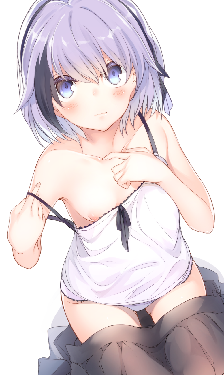 ass_visible_through_thighs bangs bare_arms bare_shoulders black_hair black_skirt blue_eyes blush breasts camisole closed_mouth collarbone fingernails hair_between_eyes hands_up highres kinukawa_chinatsu looking_at_viewer multicolored_hair nipples original panties pleated_skirt purple_hair purple_panties short_hair skirt skirt_pull small_breasts solo strap_slip streaked_hair tsunekichi underwear white_background white_camisole