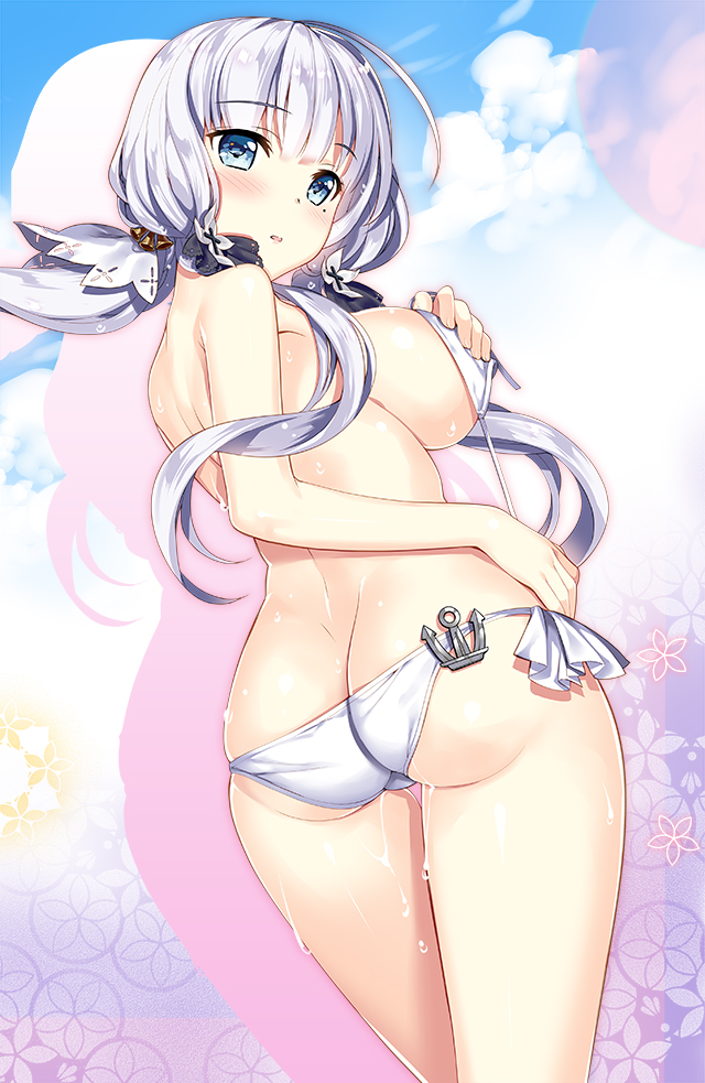 ass azur_lane bangs bikini blue_eyes blush breasts commentary_request eyebrows_visible_through_hair from_behind fujima_takuya hair_ribbon illustrious_(azur_lane) large_breasts long_hair looking_at_viewer looking_back low_ponytail mole mole_under_eye parted_lips ponytail ribbon sidelocks solo standing swimsuit tress_ribbon tri_tails untied untied_bikini wardrobe_malfunction wet white_bikini white_hair