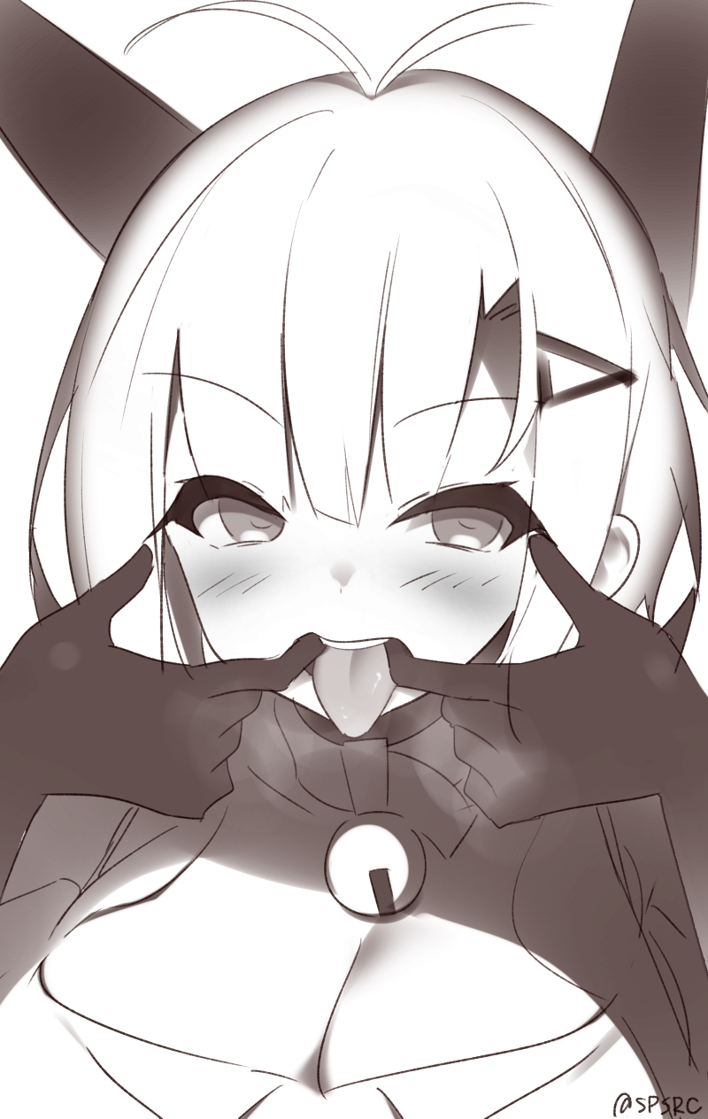 :d antenna_hair azur_lane bell bell_choker blush breasts breath choker cleavage elbow_gloves eyebrows_visible_through_hair finger_in_mouth foxhound_(azur_lane) gloves greyscale hair_ornament hairclip headgear highres jingle_bell large_breasts looking_at_viewer monochrome open_mouth oral_invitation remodel_(azur_lane) simple_background smile solo takashiru tongue tongue_out twitter_username upper_body white_background