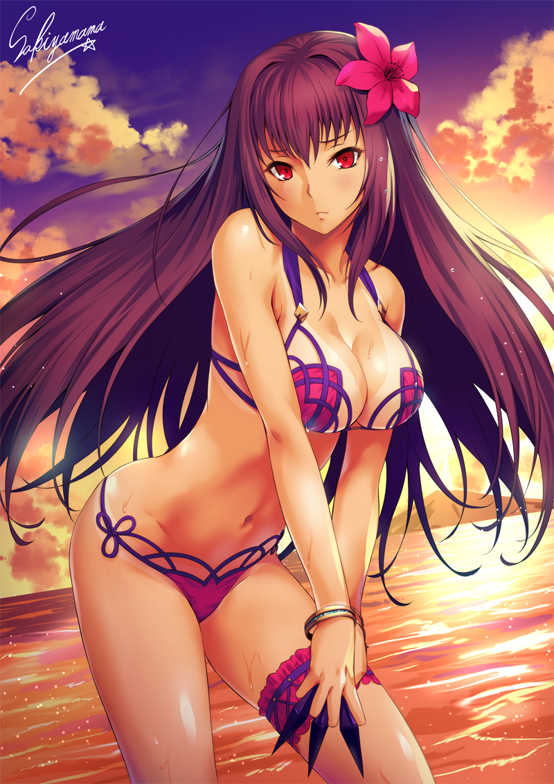 artist_name backlighting bangle bangs bare_arms bare_shoulders between_fingers bikini bikini_tan blue_sky blush bracelet breasts cleavage closed_mouth cloud collarbone cowboy_shot dutch_angle embarrassed fate/grand_order fate_(series) flower from_side frown groin hair_flower hair_intakes hair_ornament hibiscus hill hips holding holding_weapon jewelry kunai large_breasts leaning_forward leg_garter legs_apart light_particles long_hair looking_at_viewer navel ocean outdoors pink_bikini pink_flower purple_hair raised_eyebrows red_eyes sakiyamama scathach_(fate)_(all) scathach_(swimsuit_assassin)_(fate) shiny shiny_skin sidelocks signature sky solo standing star stomach string_bikini sunlight sunset swimsuit tan tanline v_arms very_long_hair water weapon wet