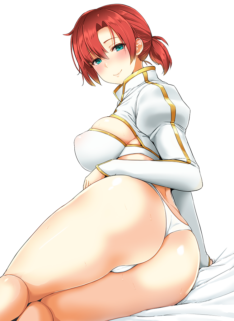 ass bangs blush boudica_(fate/grand_order) bra breasts closed_mouth commentary_request covered_nipples eyebrows_visible_through_hair fate/grand_order fate_(series) from_behind green_eyes juliet_sleeves large_breasts long_sleeves looking_at_viewer looking_back medium_hair mitsukazu_(nijigen_complex) no_pants panties puffy_sleeves red_hair shiny shiny_skin short_ponytail shrug_(clothing) simple_background smile solo swept_bangs underwear white_background white_bra white_panties