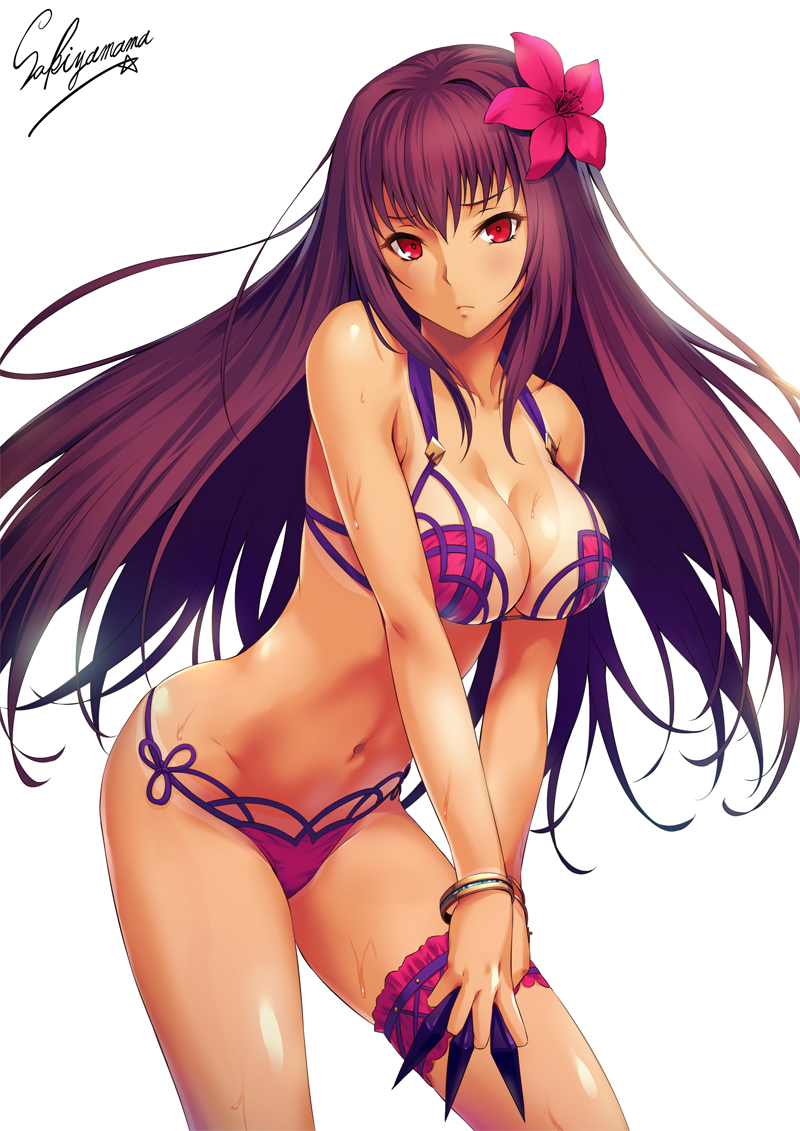 = artist_name bangle bangs bare_arms bare_shoulders between_fingers bikini bikini_tan blush bracelet breasts cleavage closed_mouth cloud collarbone cowboy_shot dutch_angle embarrassed fate/grand_order fate_(series) flower from_side frown groin hair_flower hair_intakes hair_ornament hibiscus hips holding holding_weapon jewelry kunai large_breasts leaning_forward leg_garter legs_apart long_hair looking_at_viewer navel pink_bikini pink_flower purple_hair raised_eyebrows red_eyes sakiyamama scathach_(fate)_(all) scathach_(swimsuit_assassin)_(fate) shiny shiny_skin sidelocks signature simple_background sky solo standing star stomach string_bikini swimsuit tan tanline v_arms very_long_hair weapon wet