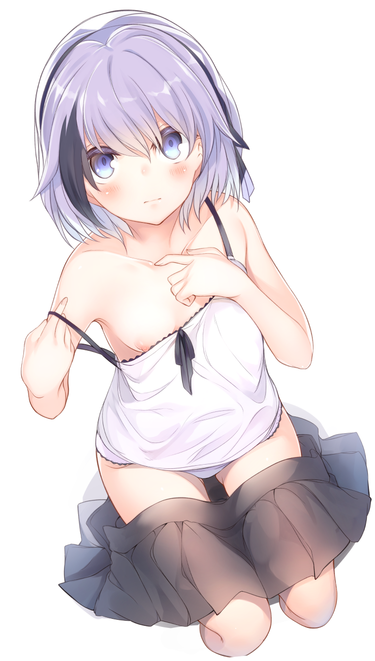 ass_visible_through_thighs bangs bare_arms bare_shoulders black_hair black_skirt blue_eyes blush breasts camisole closed_mouth collarbone commentary_request fingernails full_body hair_between_eyes hands_up highres kinukawa_chinatsu looking_at_viewer multicolored_hair nipples original panties pleated_skirt purple_hair purple_panties short_hair skirt skirt_pull small_breasts solo strap_slip streaked_hair tsunekichi underwear white_background white_camisole