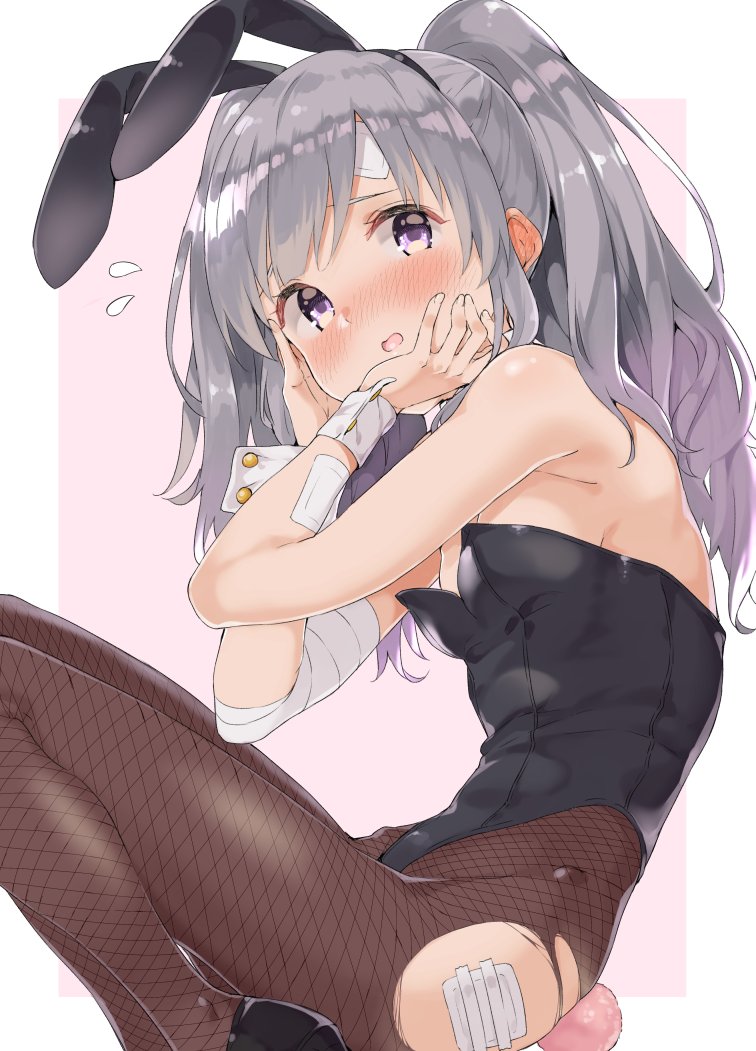 animal_ears bandaid black_leotard blush breasts brown_legwear bunny_ears bunny_tail bunnysuit cleavage commentary_request fake_animal_ears fishnet_pantyhose fishnets flying_sweatdrops from_side hairband hands_on_own_cheeks hands_on_own_face hip_bones idolmaster idolmaster_shiny_colors leotard long_hair looking_at_viewer mamedenkyuu_(berun) outside_border pantyhose purple_eyes sidelocks silver_hair simple_background sitting small_breasts solo strapless strapless_leotard tail torn_clothes torn_legwear twintails wrist_cuffs yuukoku_kiriko