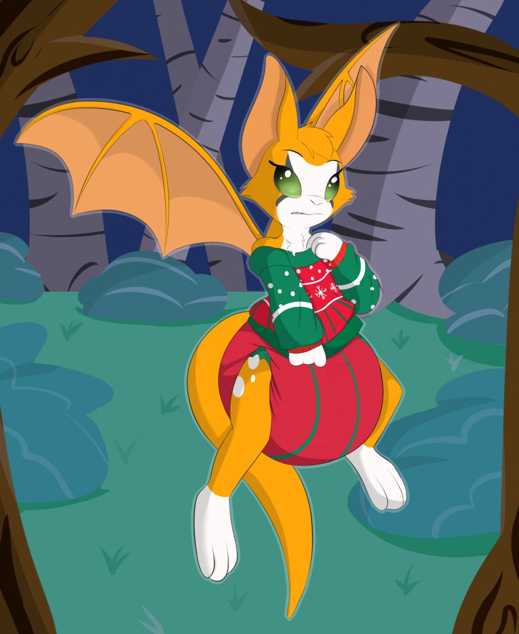 anthro biting_lip bunnykisses bushes clothing diaper dust:_an_elysian_tail female fidget flying green_eyes holidays mammal nimbat solo sweater tree video_games wings