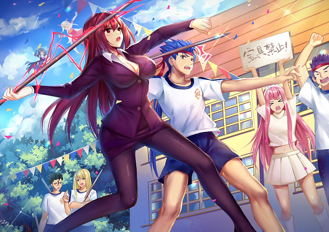 &gt;_&lt; 4girls :d arms_up bangs black_hair black_legwear blonde_hair blue_eyes blue_hair blue_shorts blue_sky boots breasts brown_eyes building character_request chinese_commentary cleavage closed_eyes cloud collared_shirt commentary_request confetti cu_chulainn_(fate/grand_order) day dress eyebrows_visible_through_hair fate/grand_order fate/kaleid_liner_prisma_illya fate/zero fate_(series) fergus_mac_roich_(fate/grand_order) fionn_mac_cumhaill_(fate/grand_order) flying formal glint gym_shirt gym_shorts gym_uniform hair_between_eyes holding holding_sign holding_spear holding_weapon illyasviel_von_einzbern jacket knee_boots lancer lancer_(fate/zero) large_breasts long_hair long_sleeves magical_ruby mallizmora medb_(fate)_(all) medb_(fate/grand_order) miyu_edelfelt multiple_boys multiple_girls open_mouth outdoors pantyhose pencil_skirt pennant pink_dress pink_hair pleated_skirt polearm prisma_illya purple_dress purple_hair purple_jacket purple_skirt red_eyes red_hair scathach_(fate)_(all) scathach_(fate/grand_order) shirt short_shorts short_sleeves shorts sign skirt skirt_suit sky smile spear string_of_flags suit translated very_long_hair weapon white_footwear white_shirt white_skirt