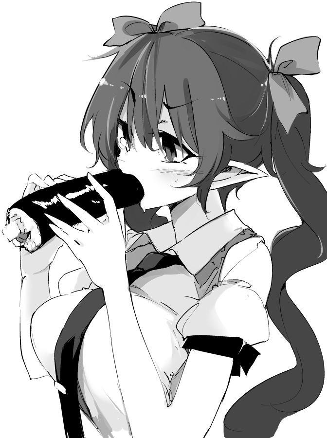 bangs breasts collared_shirt commentary_request ehoumaki eyebrows_visible_through_hair food greyscale hair_ribbon himekaidou_hatate holding holding_food kamukamu_(ars) large_breasts long_hair makizushi monochrome necktie pointy_ears ribbon shirt short_sleeves solo sushi sweat touhou twintails upper_body wing_collar
