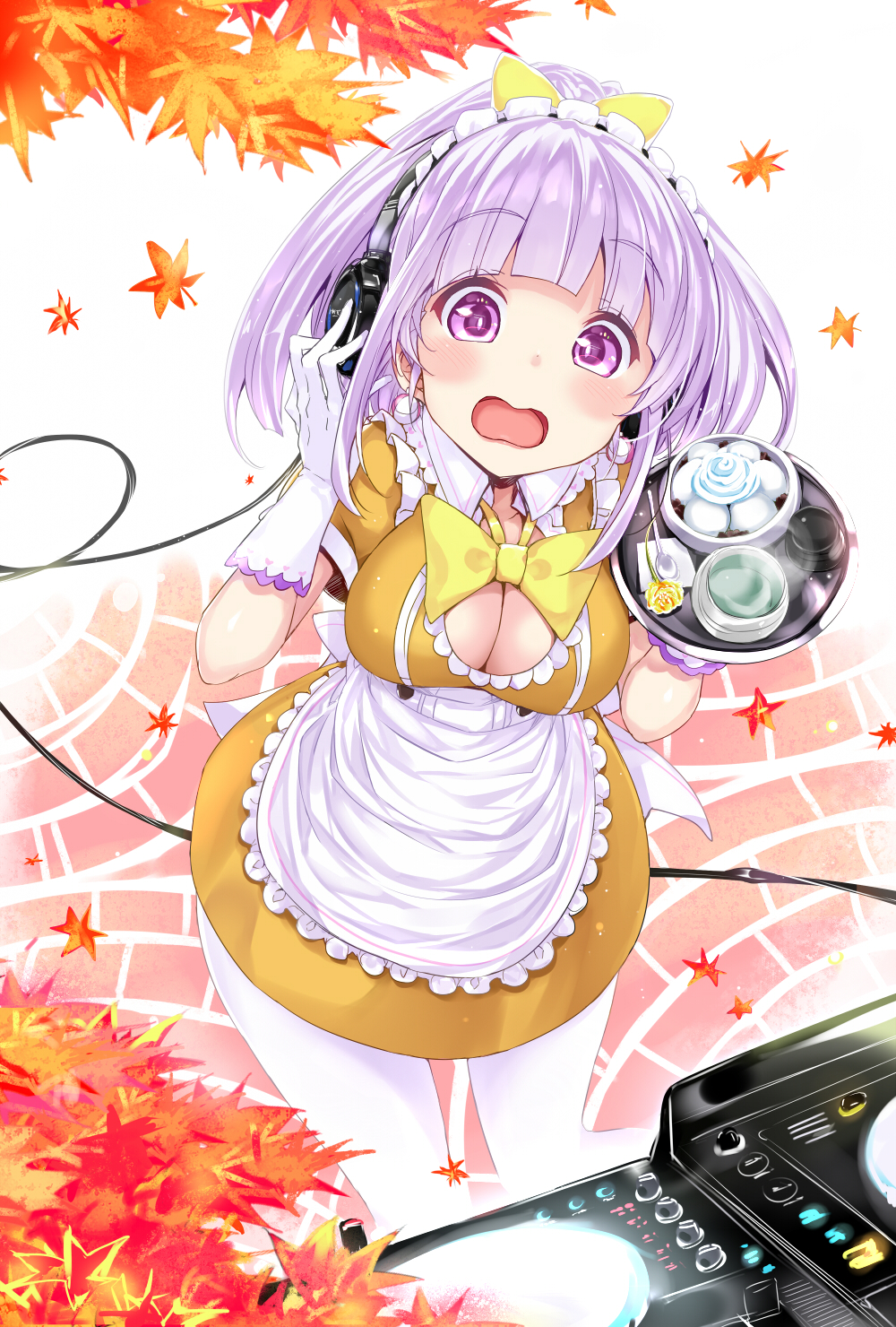 apron autumn_leaves bangs blush bow breasts bulbonne cleavage cleavage_cutout collared_dress day dress earrings eyebrows_visible_through_hair flower food frilled_apron frills gloves green_tea hair_bow hand_on_headphones headphones high_ponytail highres jewelry large_breasts leaf long_hair looking_at_viewer maid maid_headdress maple_leaf md5_mismatch open_mouth original outdoors ponytail puffy_short_sleeves puffy_sleeves purple_eyes purple_hair rose short_sleeves solo spoon steam tea tray waist_apron white_apron white_background white_gloves yellow_bow yellow_dress yellow_flower yellow_rose