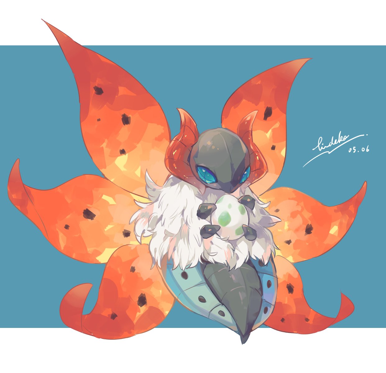 blue_eyes commentary_request dated egg full_body gen_5_pokemon hideko_(l33l3b) highres no_humans pokemon pokemon_(creature) signature simple_background solo volcarona wings
