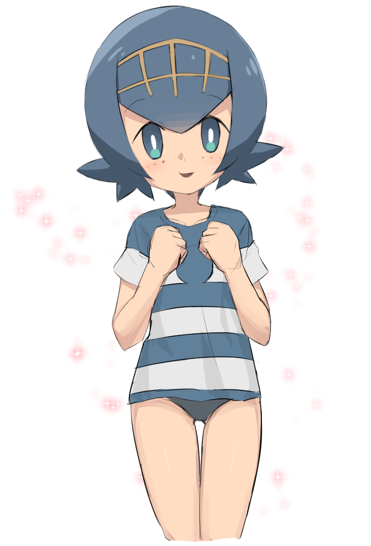:d bad_id bad_pixiv_id bangs bare_arms black_swimsuit blue_eyes blue_hair blue_shirt bright_pupils clenched_hands collarbone eyebrows eyebrows_visible_through_hair hair_between_eyes hairband hands_up hat looking_at_viewer multicolored multicolored_clothes multicolored_shirt nyonn24 open_mouth pokemon pokemon_(anime) pokemon_sm_(anime) shirt short_hair short_sleeves simple_background smile solo sparkle striped striped_shirt suiren_(pokemon) swimsuit swimsuit_under_clothes t-shirt thigh_gap white_background white_pupils white_shirt yellow_hairband