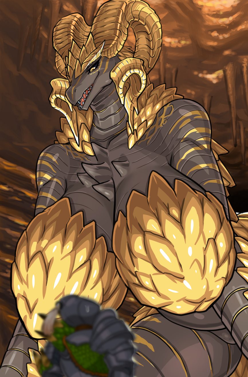2018 armor baltan_(artist) big_breasts black_sclera black_skin breasts capcom curly_horn digital_media_(artwork) dragon elder_dragon female huge_breasts jewelry kulve_taroth looking_at_viewer macro monster_hunter monster_hunter_world necklace nipples scalie solo sparkle thick_thighs video_games voluptuous yellow_eyes