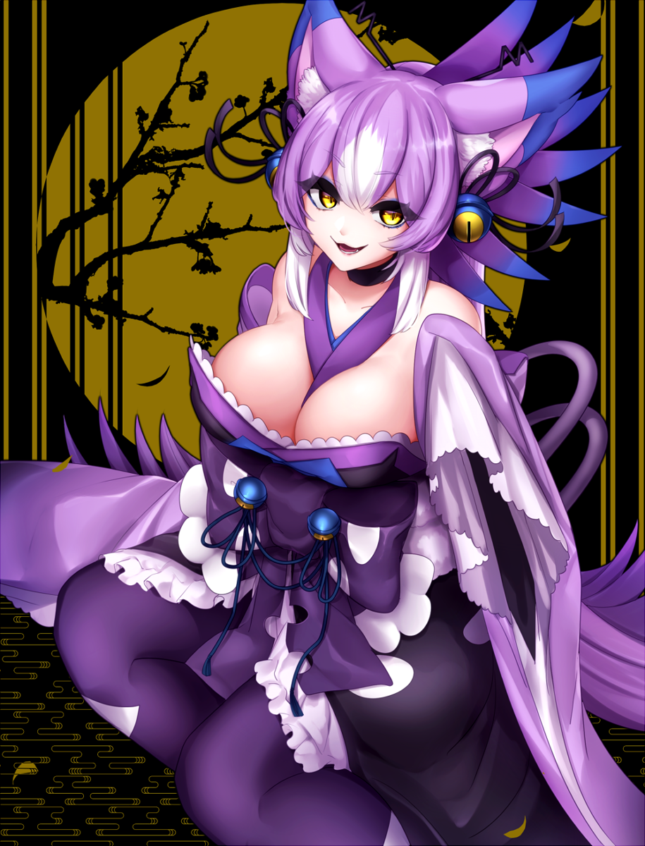 :3 :d alternate_color animal_ears bangs bare_shoulders bell black_choker breasts cat_ears cat_girl cat_tail choker collarbone detached_sleeves eyebrows eyebrows_visible_through_hair eyelashes eyes_visible_through_hair eyeshadow fang gen_4_pokemon hair_bell hair_between_eyes hair_ornament highres hime_(ohime_pkg) jingle_bell large_breasts long_hair long_sleeves looking_at_viewer makeup multicolored_hair open_mouth pantyhose personification pokemon purple_hair purple_legwear purugly shiny_pokemon sleeves_past_fingers sleeves_past_wrists smile solo straight_hair tail teeth tongue two-tone_hair very_long_hair white_hair wide_sleeves yellow_eyes
