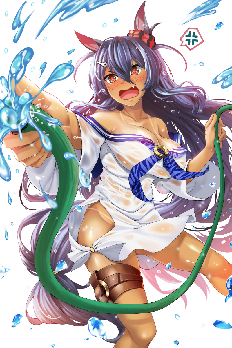 anger_vein animal_ears ass ass_visible_through_thighs bikini_tan black_hair breasts cleavage dress hasaya highres hishi_amazon hose long_hair red_eyes sailor_dress see-through simple_background solo spoken_anger_vein tan tanline thigh_strap umamusume very_long_hair water wet wet_clothes white_background