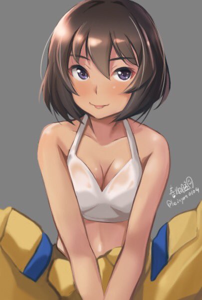 :p alternate_eye_color artist_name bangs blue_eyes breasts brown_hair cleavage closed_mouth clothes_around_waist commentary_request dark_skin eyebrows_visible_through_hair girls_und_panzer grey_background haruhata_mutsuki hoshino_(girls_und_panzer) indian_style jumpsuit looking_at_viewer mechanic medium_breasts orange_jumpsuit shirt short_hair signature simple_background sitting smile solo sports_bra tied_shirt tongue tongue_out twitter_username v_arms