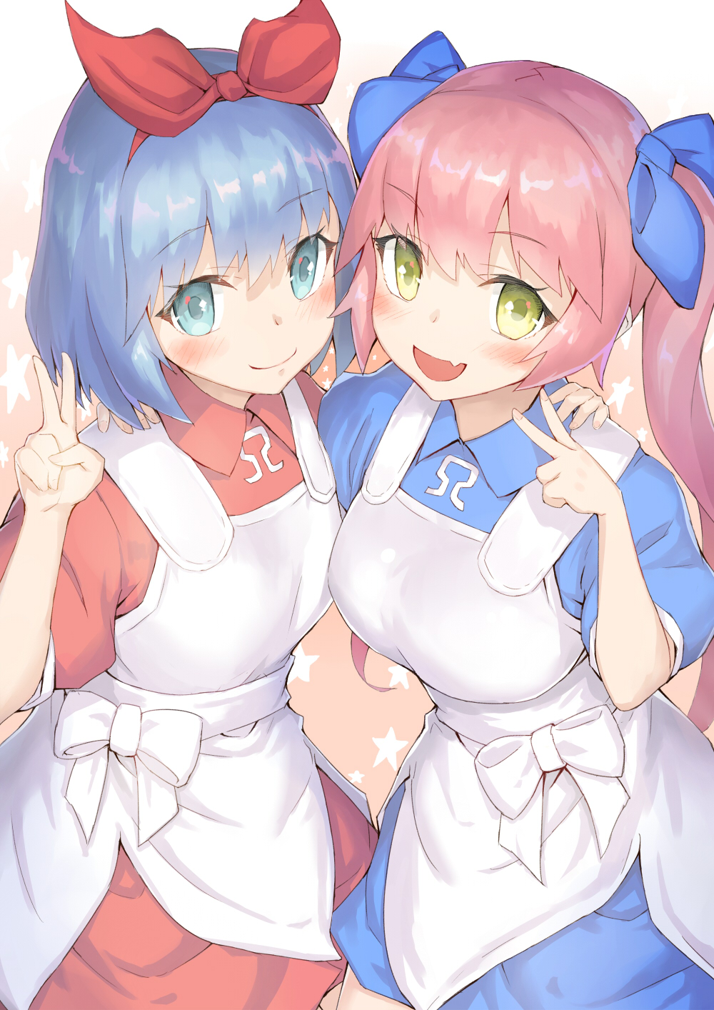:d apron bangs blue_bow blue_dress blue_eyes blue_hair blush bow breasts closed_mouth collared_dress commentary_request dress eyebrows_visible_through_hair fang fingernails green_eyes hair_between_eyes hair_bow hair_ribbon hand_on_another's_shoulder highres jonsun long_hair maid_apron medium_breasts multiple_girls omega_rei omega_rio omega_sisters open_mouth pink_hair puffy_short_sleeves puffy_sleeves red_dress red_ribbon ribbon short_hair short_sleeves smile twintails v very_long_hair virtual_youtuber white_apron