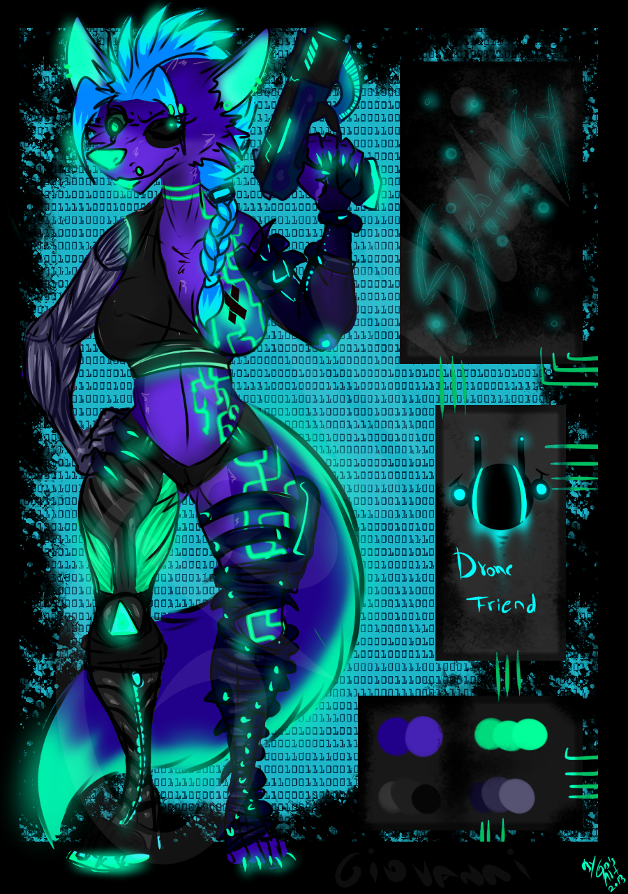 2018 android anthro belt bionic_arm blue_fur boots breasts canine clothing cyber_eye cybernetics cyberpunk design emo female footwear fox fur futuristic glowing gun hair handgun hybrid long_tail machine madnessandgiovanni0595 mammal neon piercing pistol punk ranged_weapon robot science_fiction shirt short_hair shorts smile synergy weapon